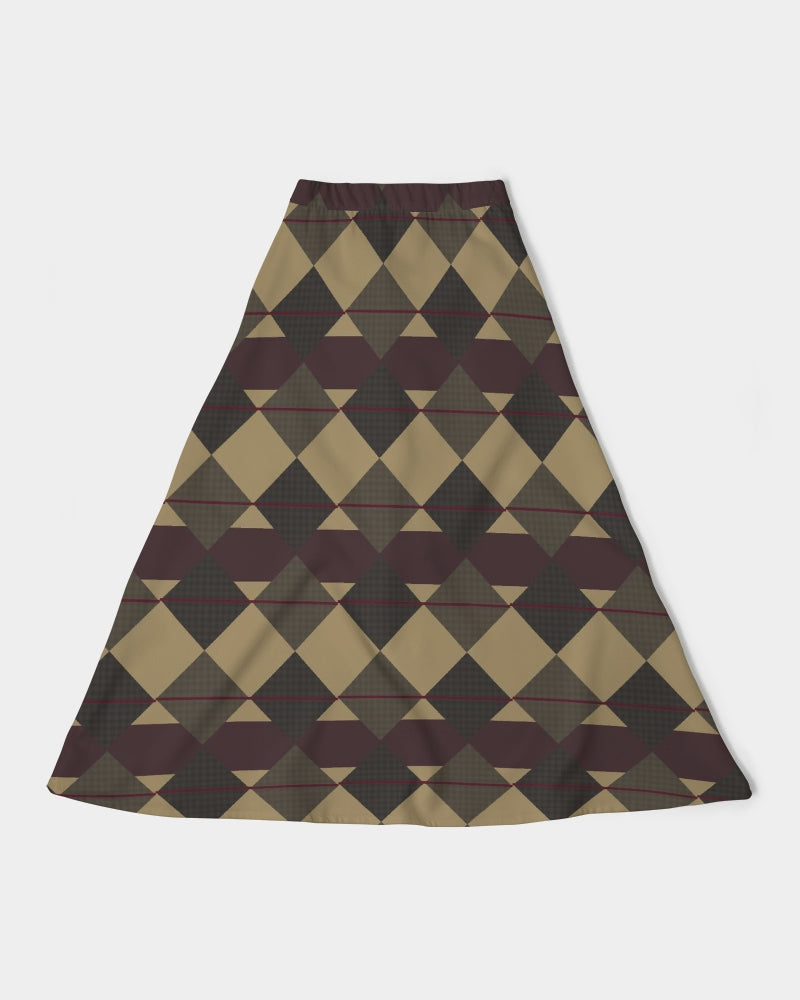 Checkered Brown Plaid Argyle Women's All-Over Print A-Line Midi Skirt