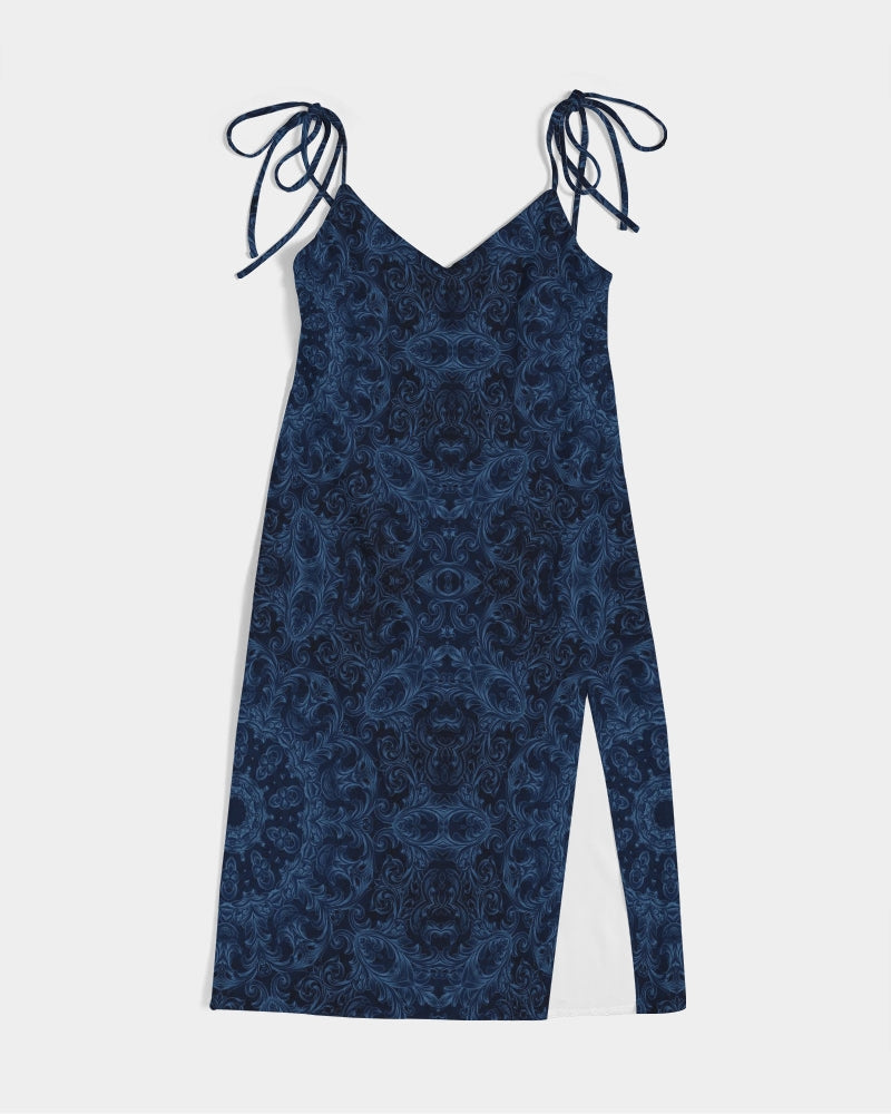 Blue Faux Velvet Kaleidoscope Women's All-Over Print Tie Strap Split Dress