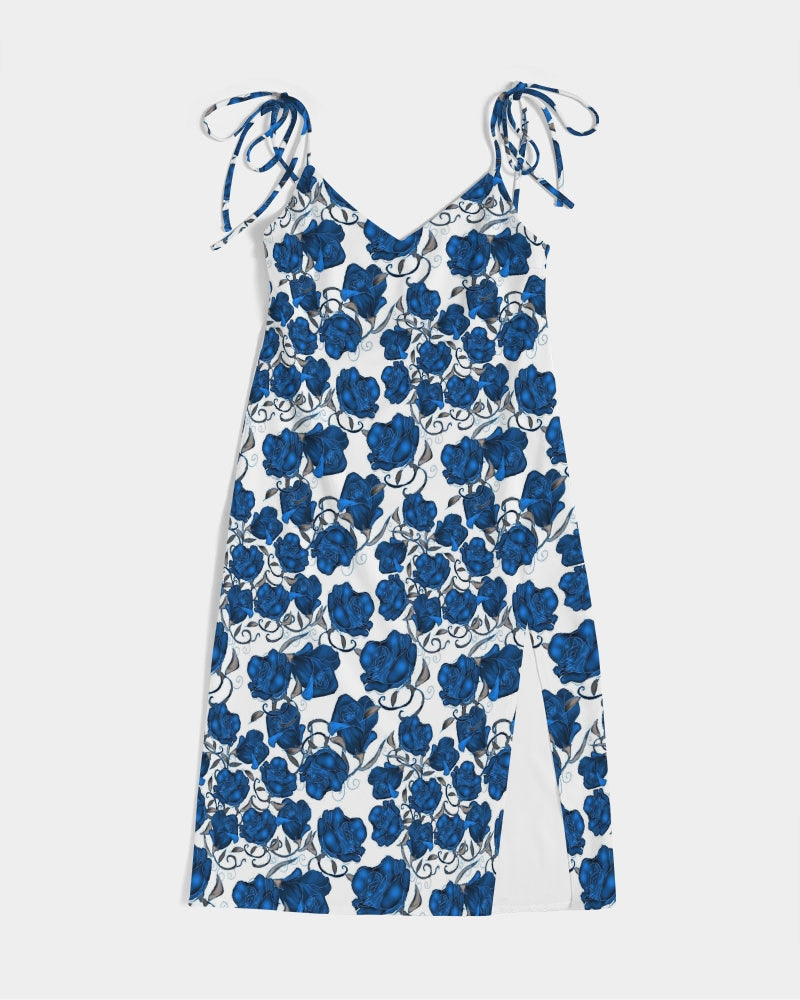 Blue Roses Women's All-Over Print Tie Strap Split Dress