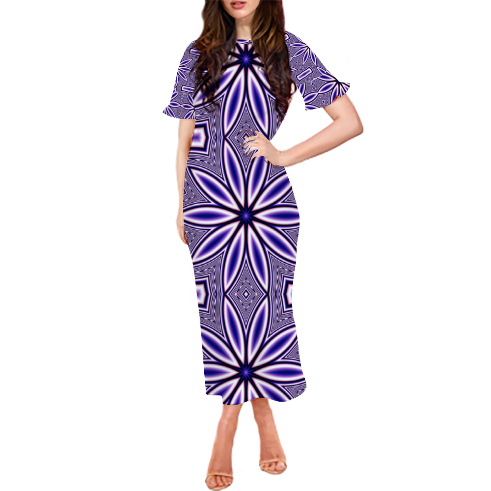 Blue Fractal Flower Custom Lotus Leaf Short Sleeve Long Dress Women's Summer Fashion Dress