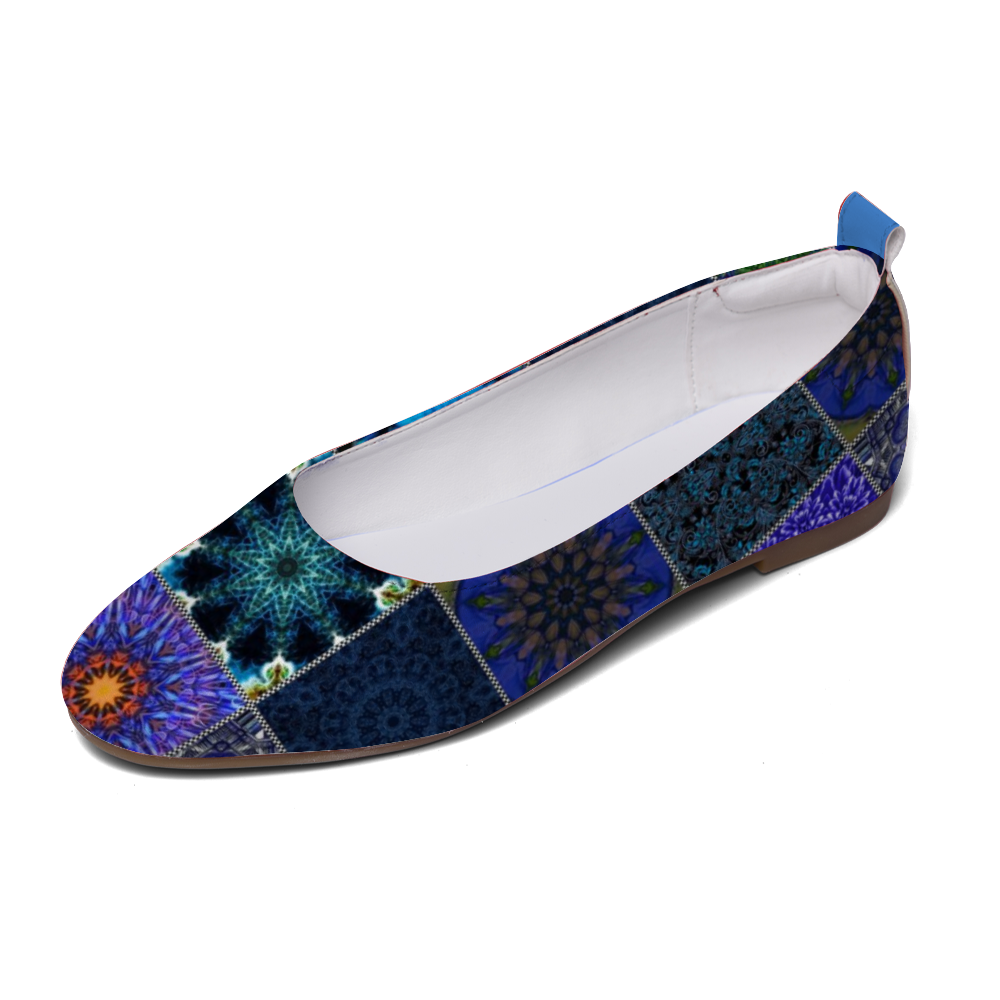 Blue Crazy Quilt Custom Unisex Flat Shoes Leather Shoes Comfortable Round Toe Slip