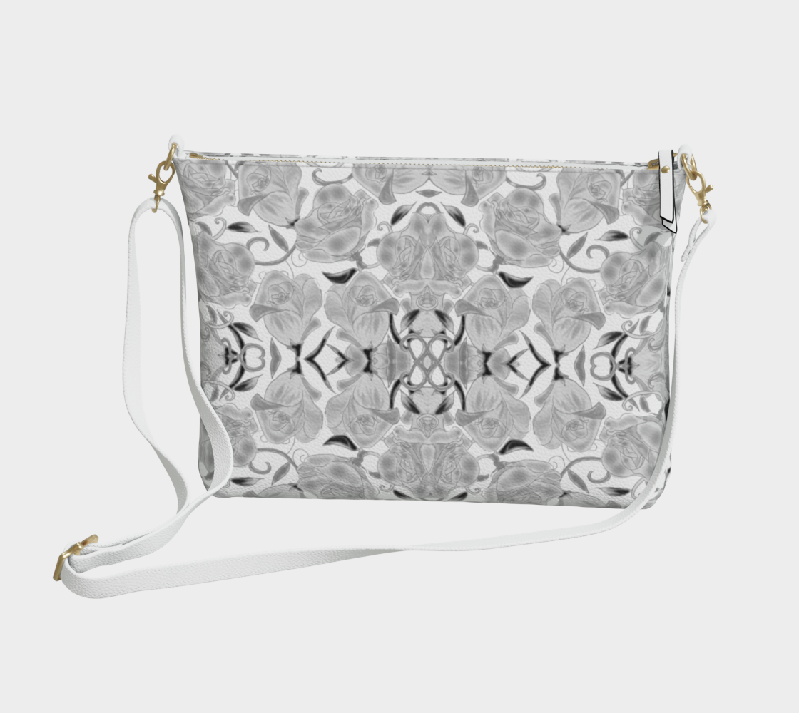 Gray Roses on White Vegan Crossbody Purse