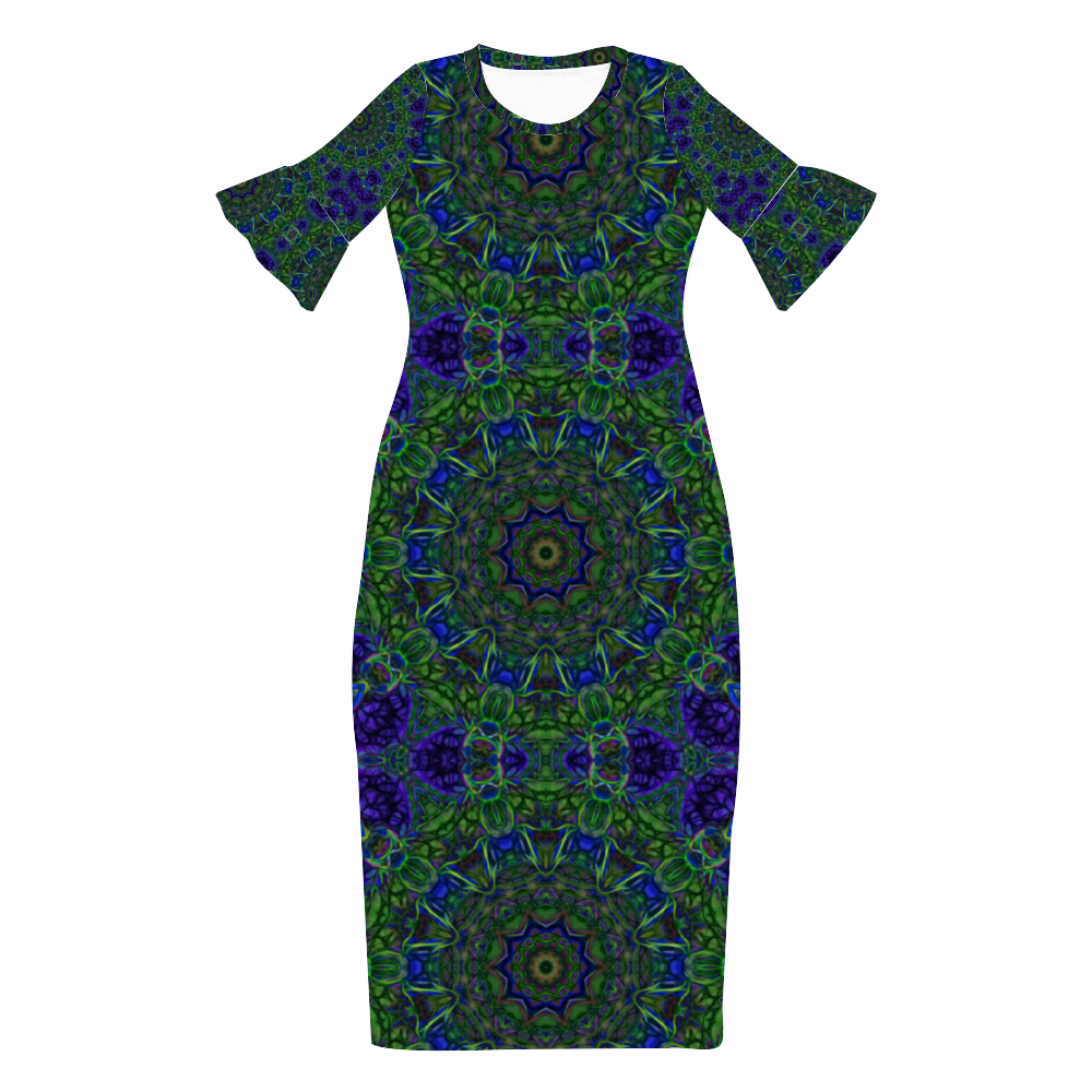 Blue Green Ribbon Kaleidoscope Custom Lotus Leaf Short Sleeve Long Dress Women's Summer Fashion Dress