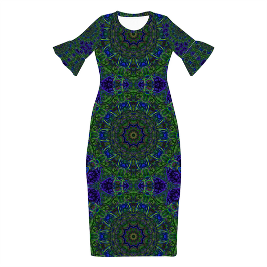 Blue Green Ribbon Kaleidoscope Custom Lotus Leaf Short Sleeve Long Dress Women's Summer Fashion Dress