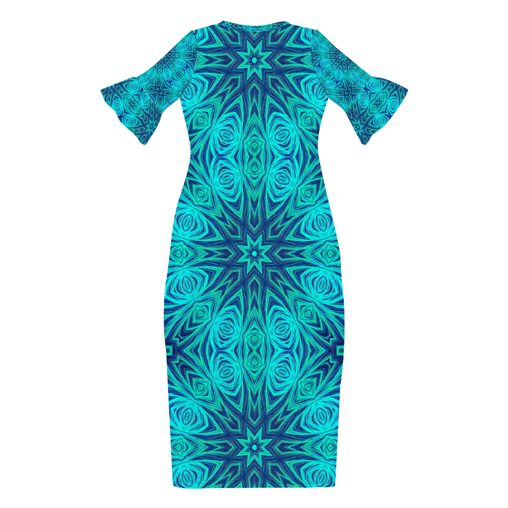 Blue Ice Fractal Kaleidoscope Custom Lotus Leaf Short Sleeve Long Dress Women's Summer Fashion Dress