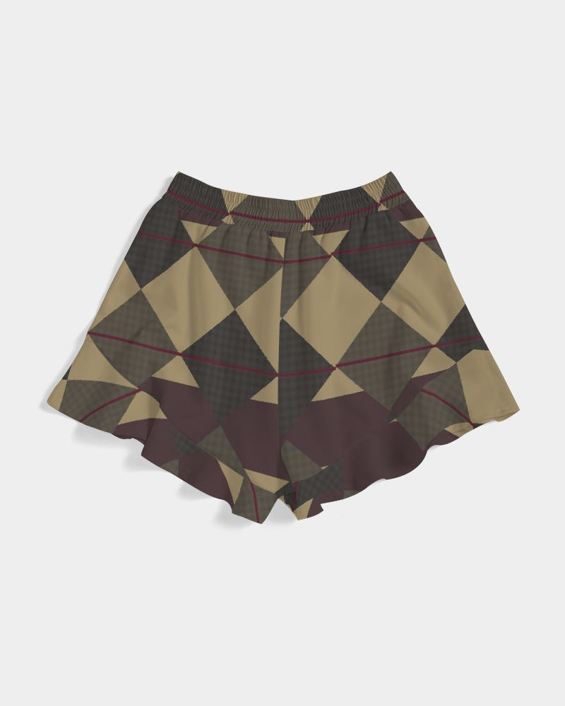 Checkered Brown Plaid Argyle Women's All-Over Print Ruffle Shorts