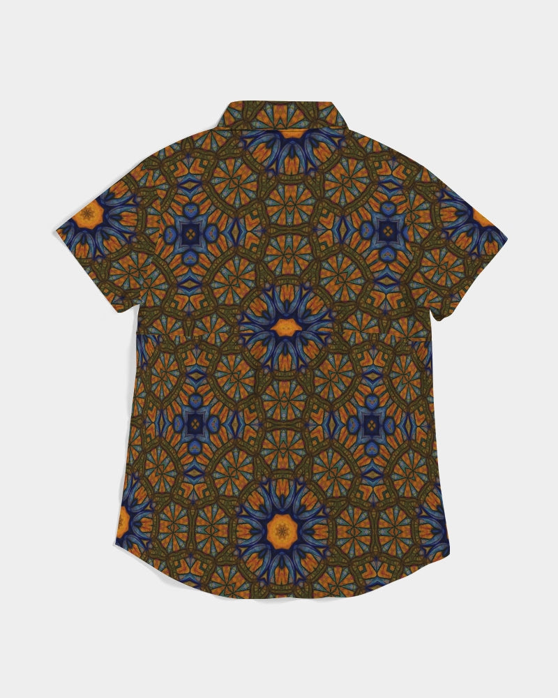 Blue and Yellow Sketch Kaleidoscope  Women's All-Over Print Short Sleeve Button Up