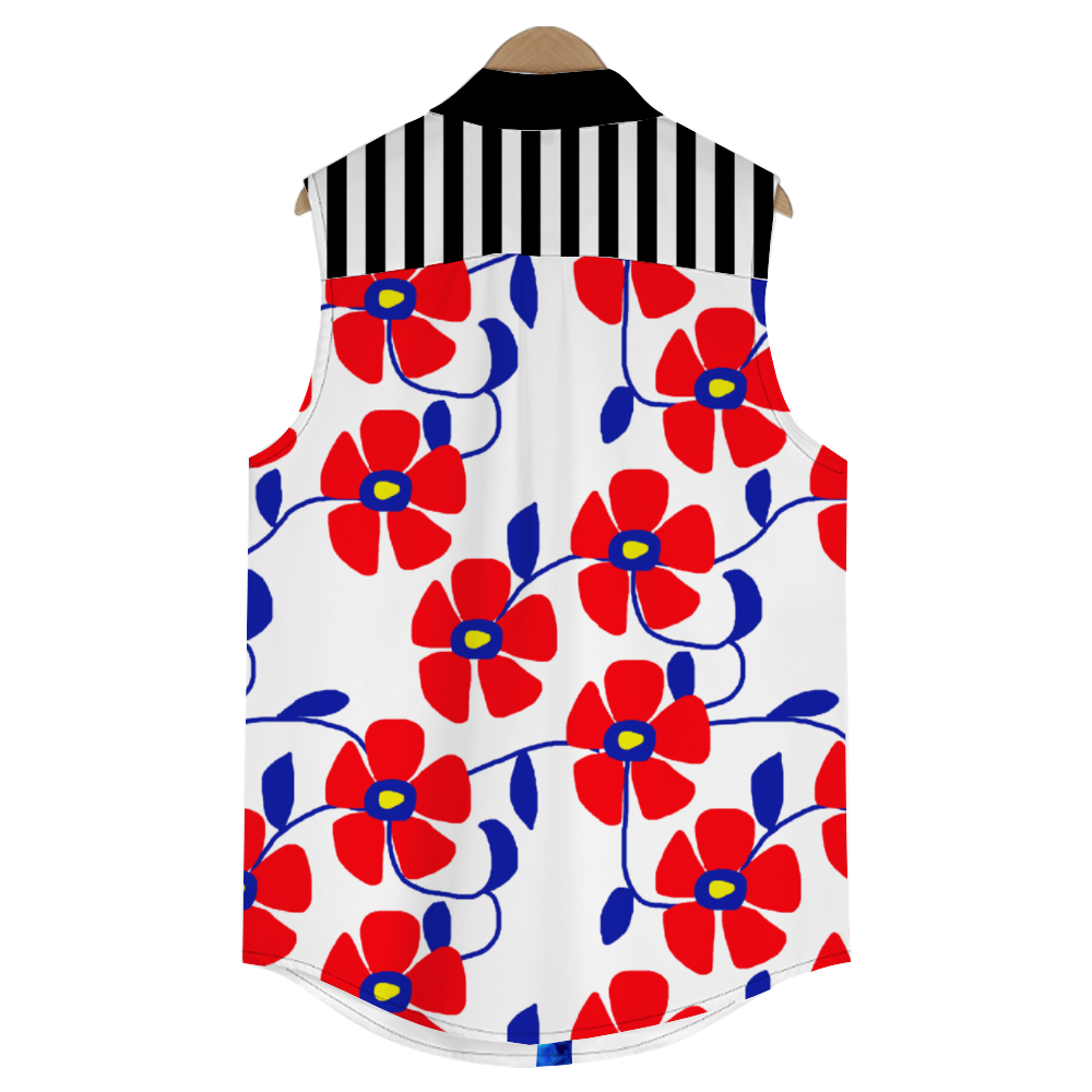 Water Stripes and Forgetmenots Custom Women's Sleeveless Shirt with Double Pockets Stylish Shirt