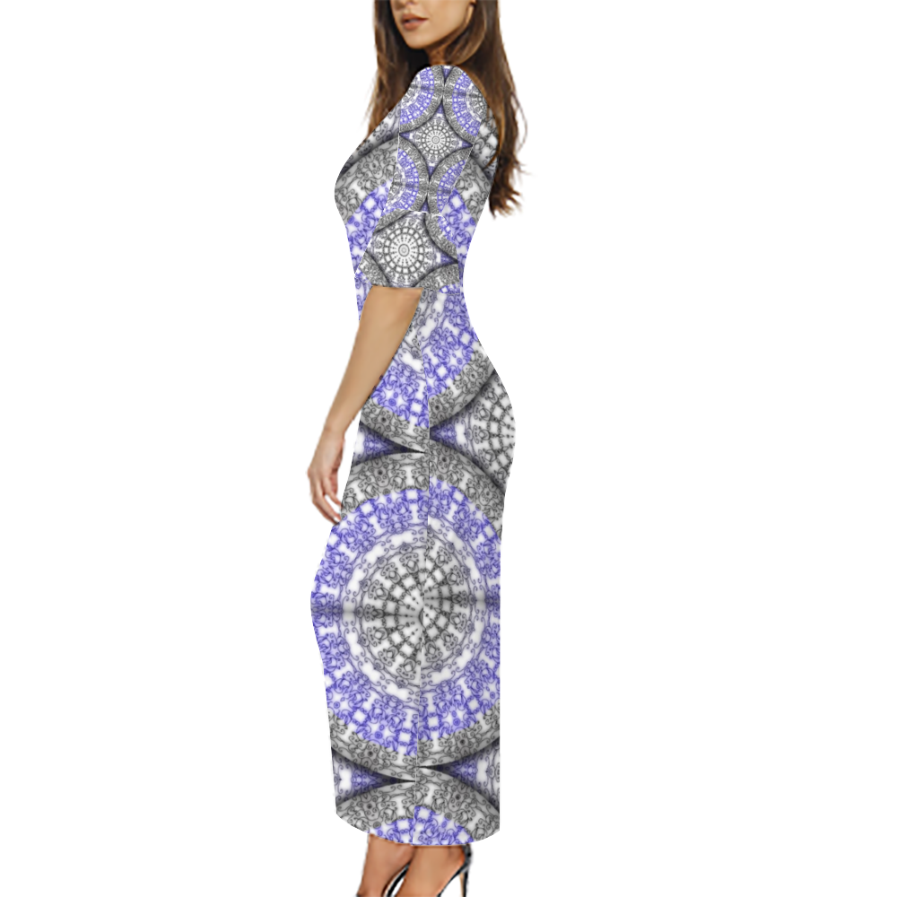 Blue and White Vines Pattern Custom Lotus Leaf Short Sleeve Long Dress Women's Summer Fashion Dress