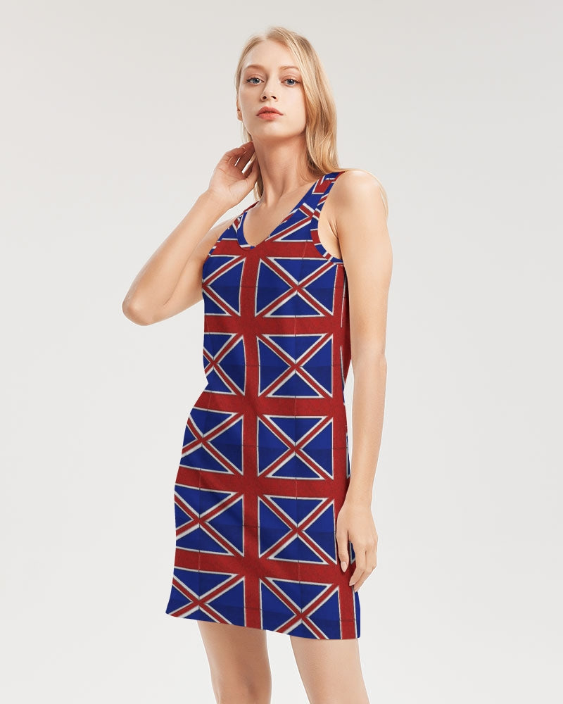 British Flag Pattern Women's All-Over PrintRib Knit V Neck Mini Dress