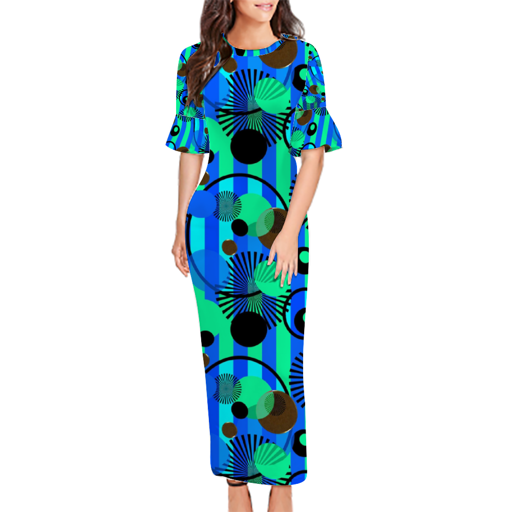 Blue Green Stripes and Dots Custom Lotus Leaf Short Sleeve Long Dress Women's Summer Fashion Dress