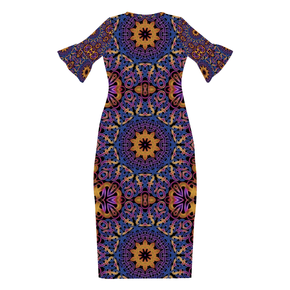 Blue Gold Celtic Kaleidoscope Custom Lotus Leaf Short Sleeve Long Dress Women's Summer Fashion Dress