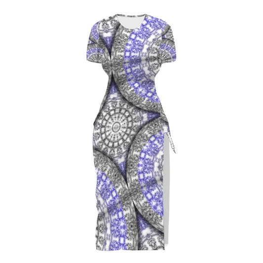 Blue and White Vines Pattern Custom Women's Split Dress Summer Stylish Short Sleeve Dress