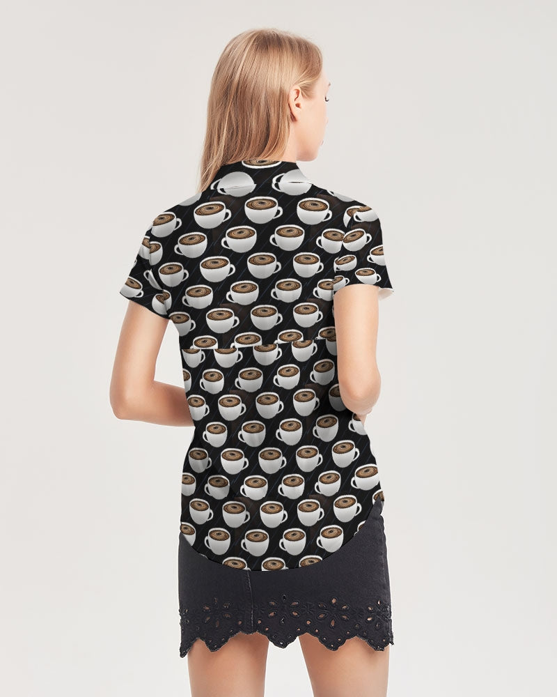 Coffee Pattern Women's All-Over Print Short Sleeve Button Up