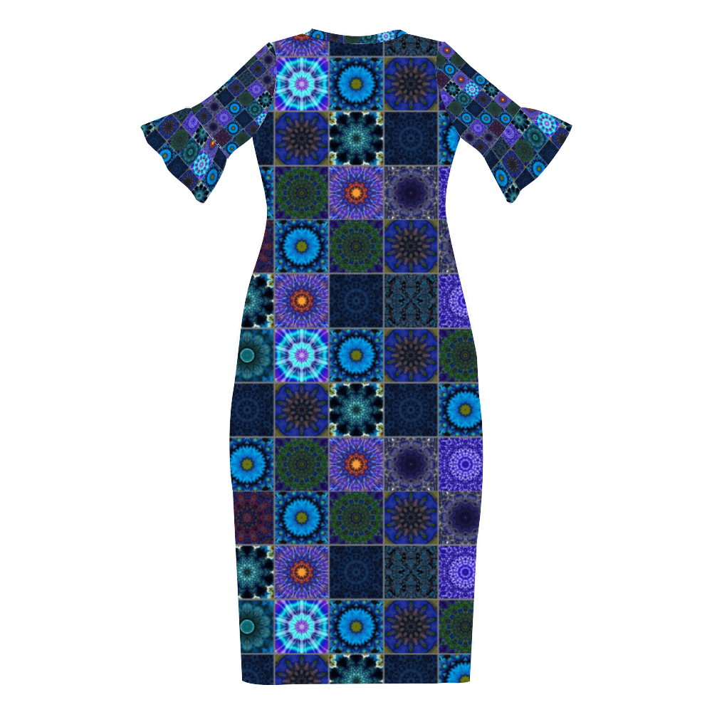 Blue Crazy Quilt Custom Lotus Leaf Short Sleeve Long Dress Women's Summer Fashion Dress