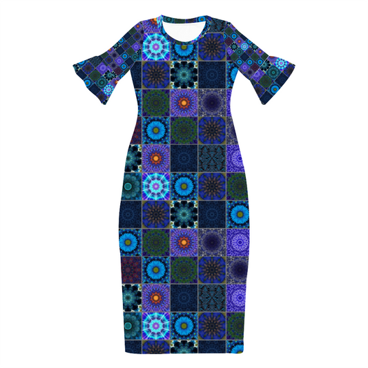 Blue Crazy Quilt Custom Lotus Leaf Short Sleeve Long Dress Women's Summer Fashion Dress