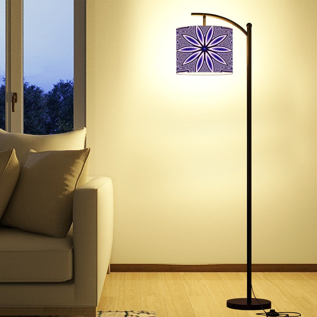 Arc Floor Lamp (Made in USA) Blue Fractal Flowers