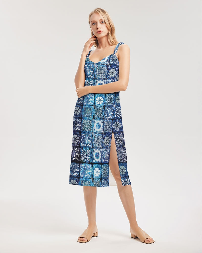 Blue Ice Crystals Motif Women's All-Over Print Tie Strap Split Dress