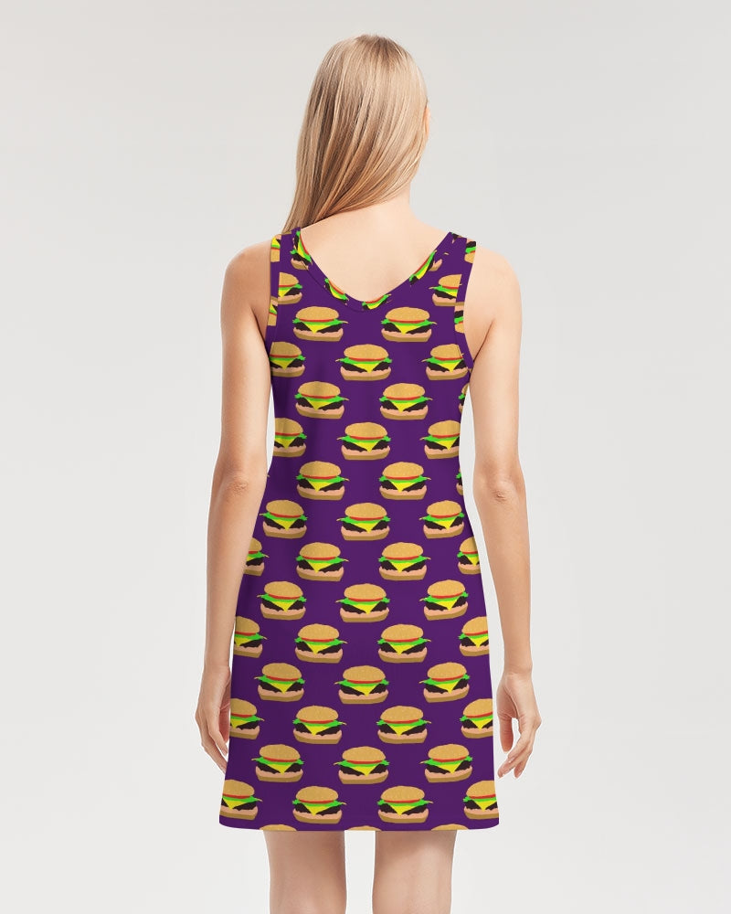 Cheeseburger Pattern Women's All-Over PrintRib Knit V Neck Mini Dress