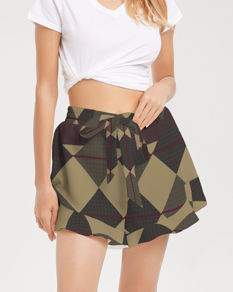 Checkered Brown Plaid Argyle Women's All-Over Print Ruffle Shorts