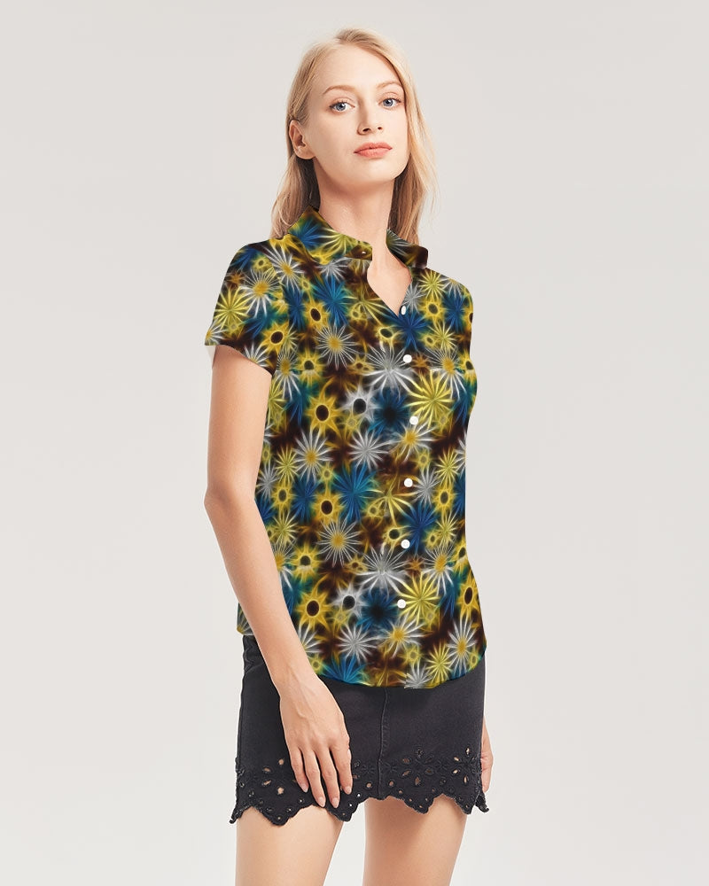 Blue and Yellow Glowing Daisies Women's All-Over Print Short Sleeve Button Up