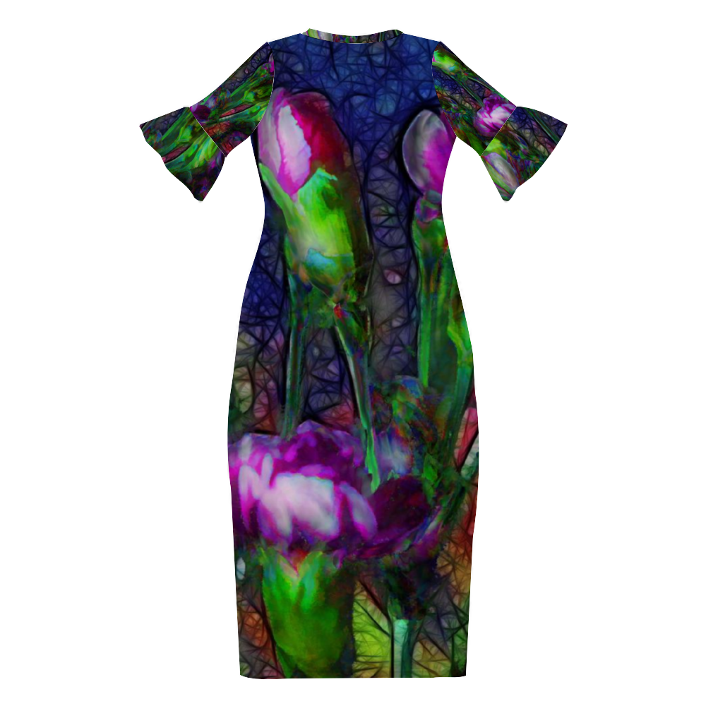 Abstract Pink Carnations Custom Lotus Leaf Short Sleeve Long Dress Women's Summer Fashion Dress