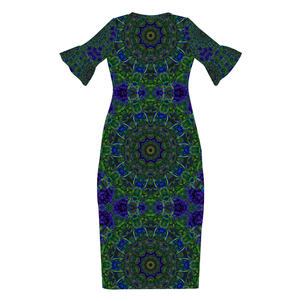 Blue Green Ribbon Kaleidoscope Custom Lotus Leaf Short Sleeve Long Dress Women's Summer Fashion Dress