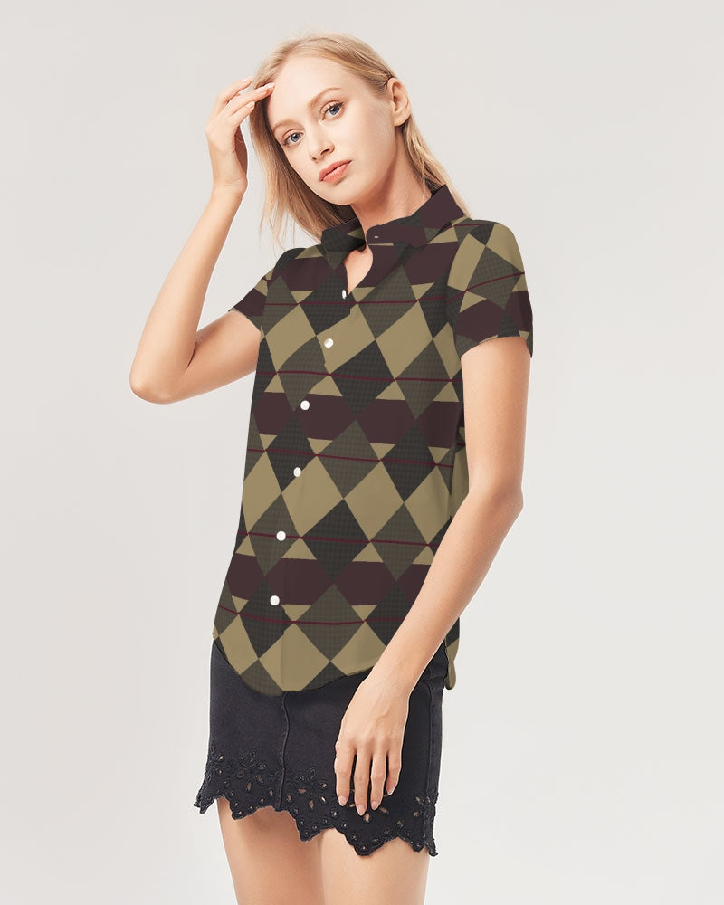 Checkered Brown Plaid Argyle Women's All-Over Print Short Sleeve Button Up