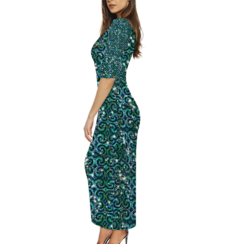 Blue Green Sparkle Swirl Custom Lotus Leaf Short Sleeve Long Dress Women's Summer Fashion Dress