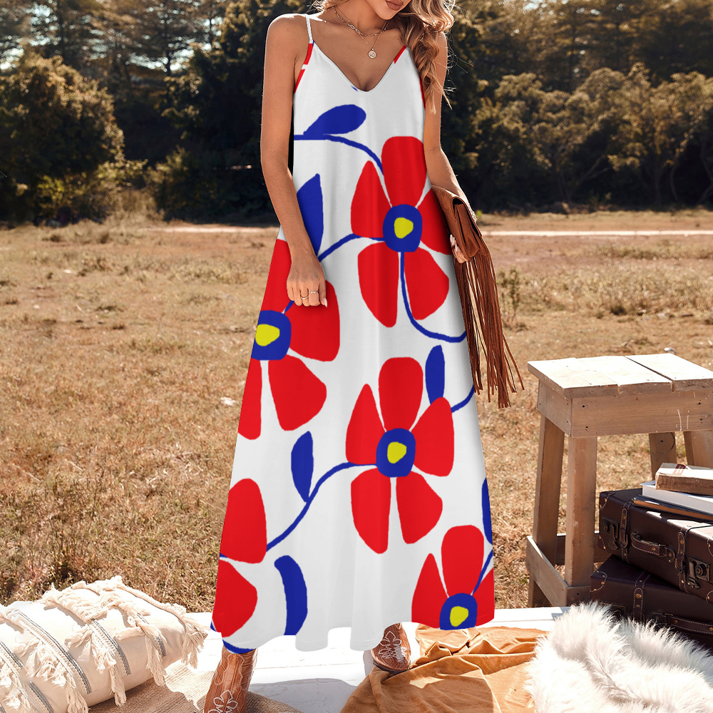 Blue Flowers Red Thorns Custom All Over Print Women's Summer Fashion Slip Dress Long Skirts