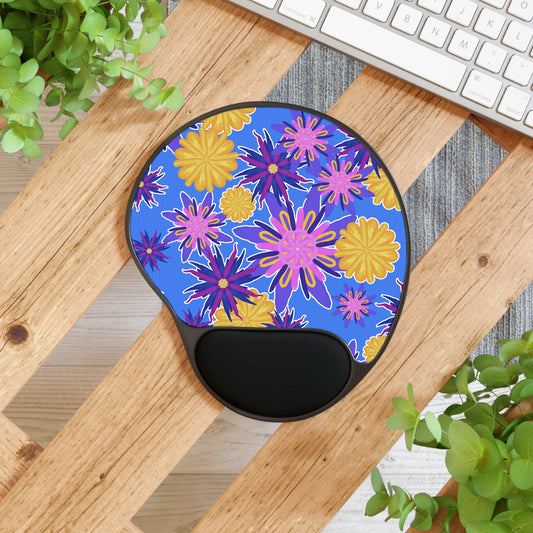 Fanciful Flowers on Blue Mouse Pad With Wrist Rest