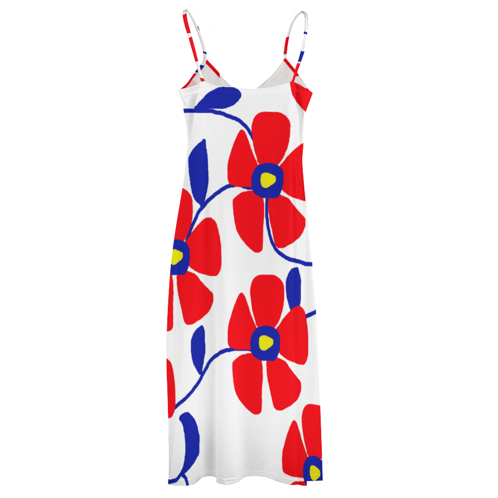 Blue Flowers Red Thorns Custom All Over Print Women's Summer Fashion Slip Dress Long Skirts