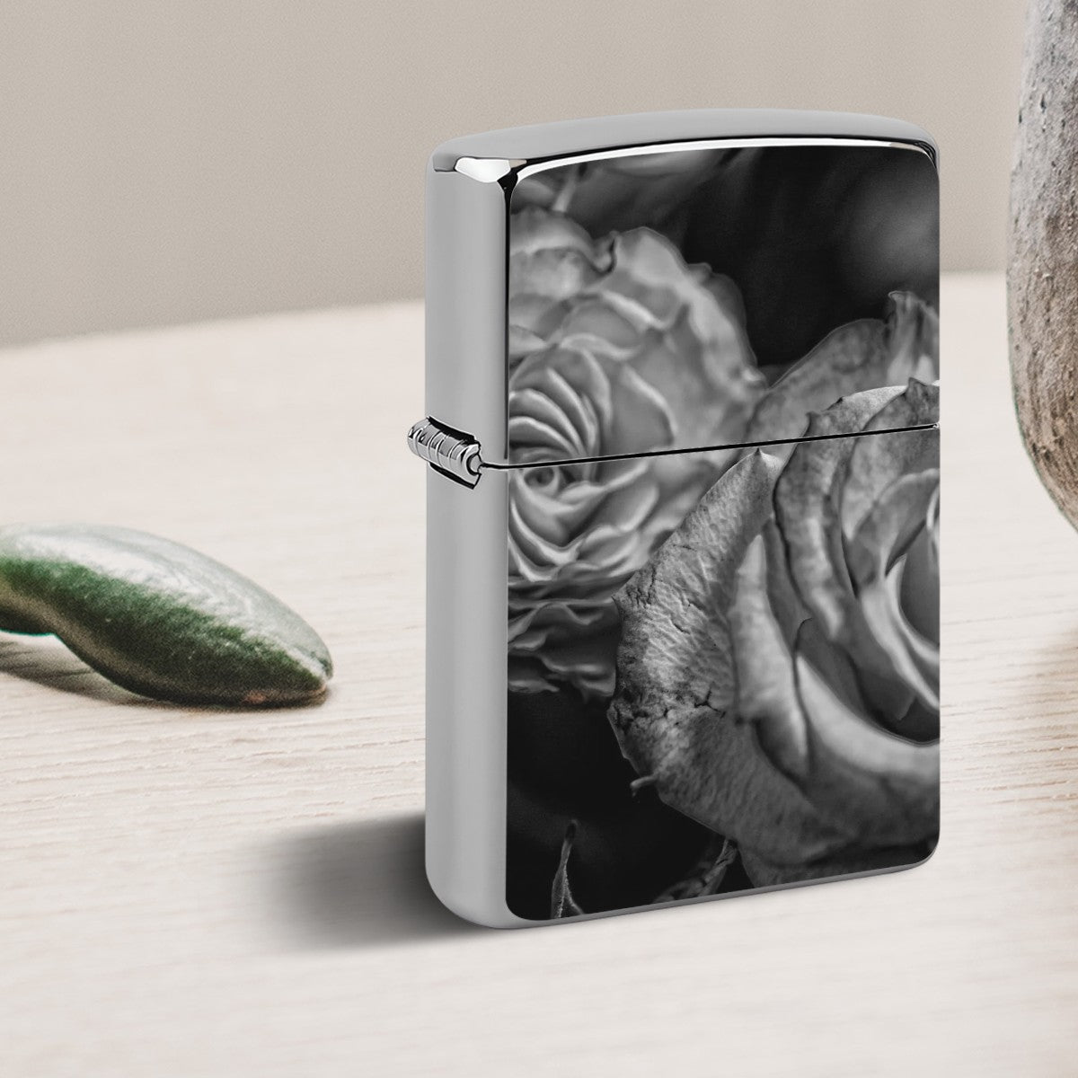 Metal Lighter Case Black and White Tea Roses