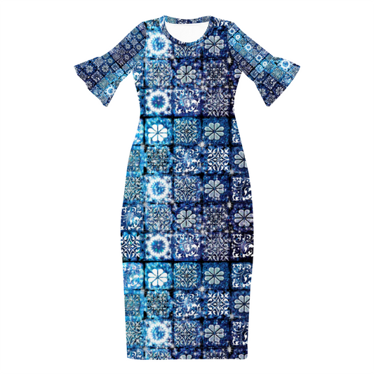 Blue Ice Crystals Motif Custom Lotus Leaf Short Sleeve Long Dress Women's Summer Fashion Dress