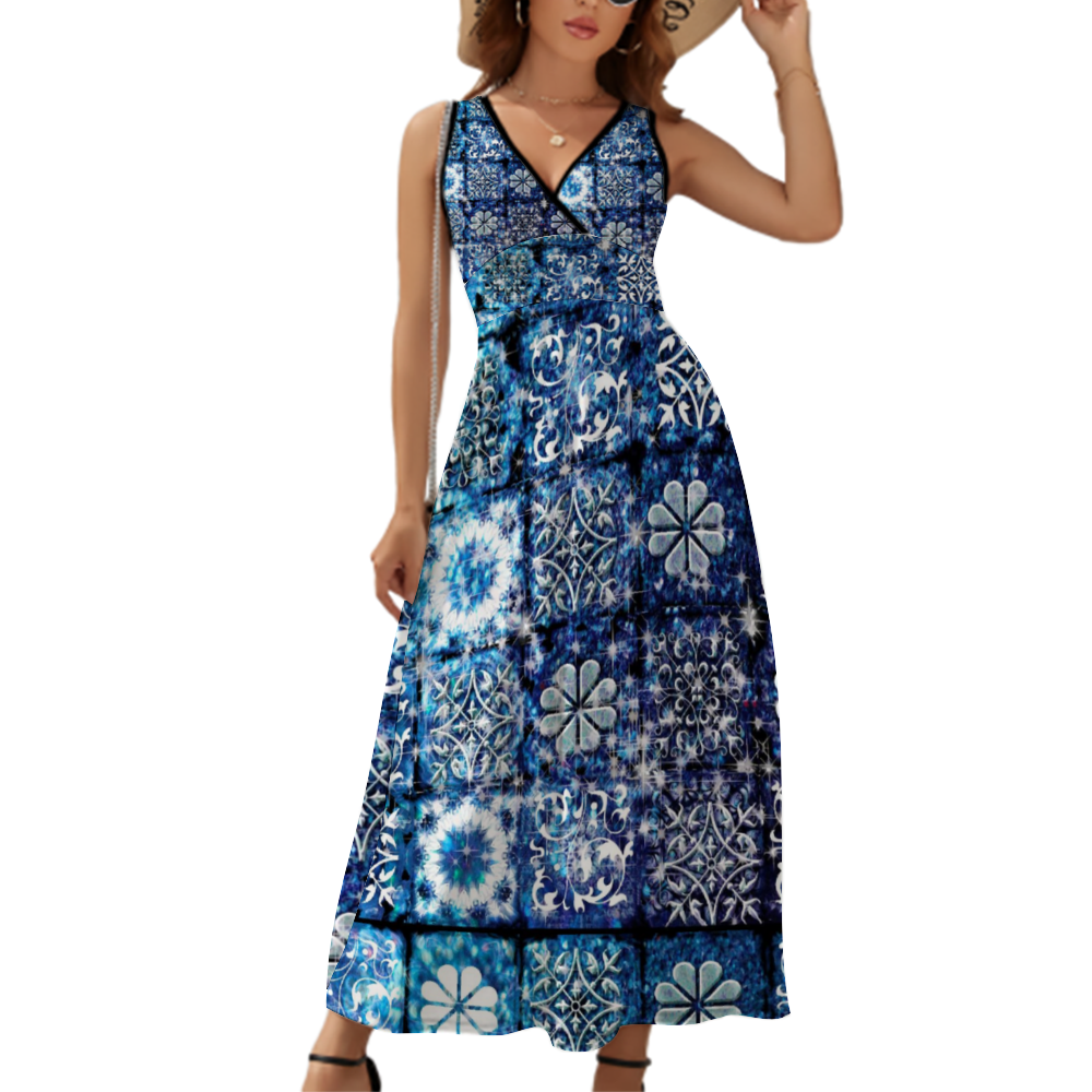 Blue Ice C rystals Motif Custom All Over Print Women's Sleeveless Dress Summer Fashion Long Skirts