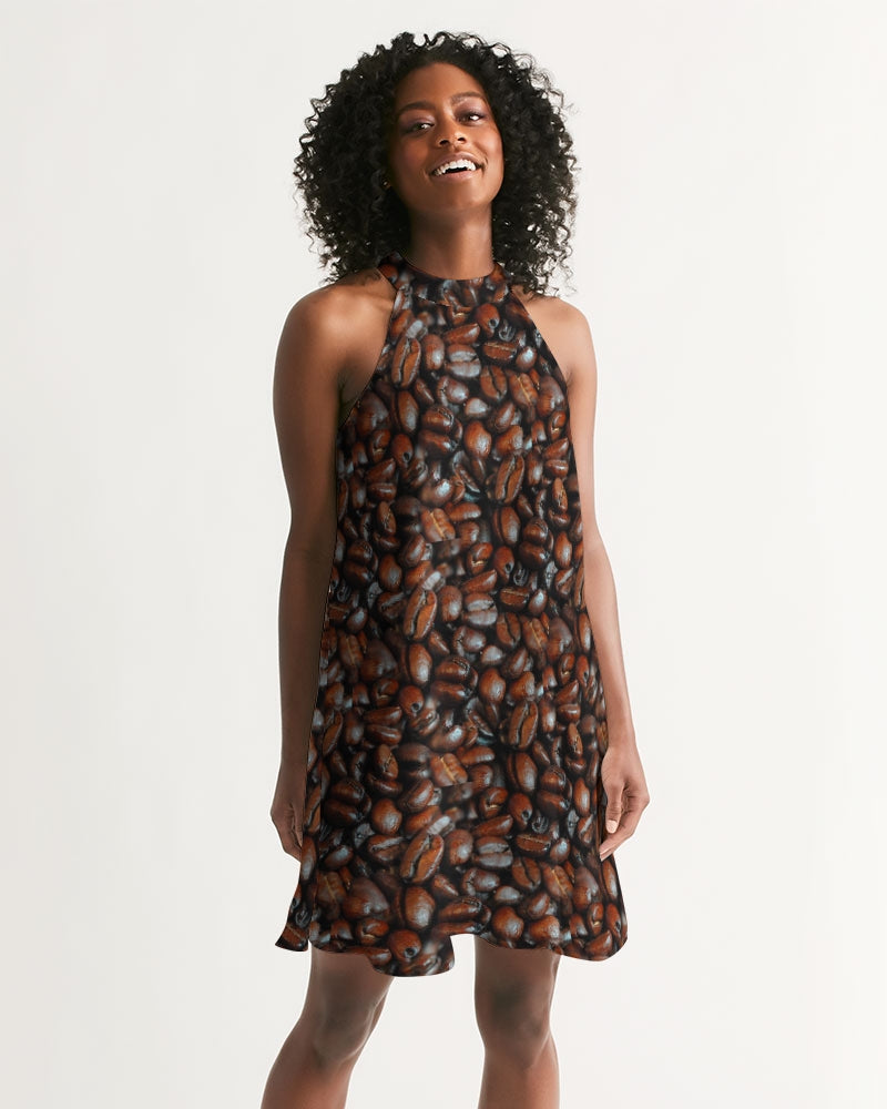 Coffee Bean Pattern Women's All-Over Print Halter Dress