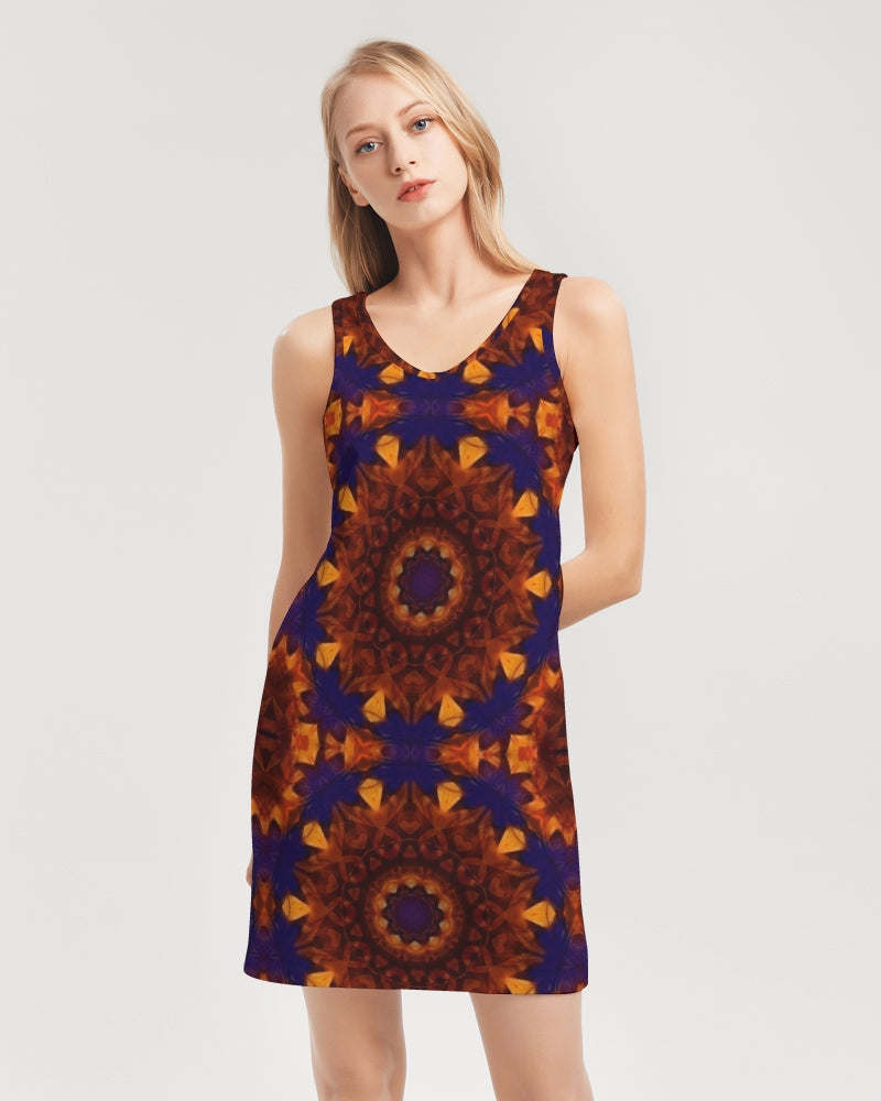 Blue Orange Red Kaleidoscope Women's All-Over PrintRib Knit V Neck Mini Dress