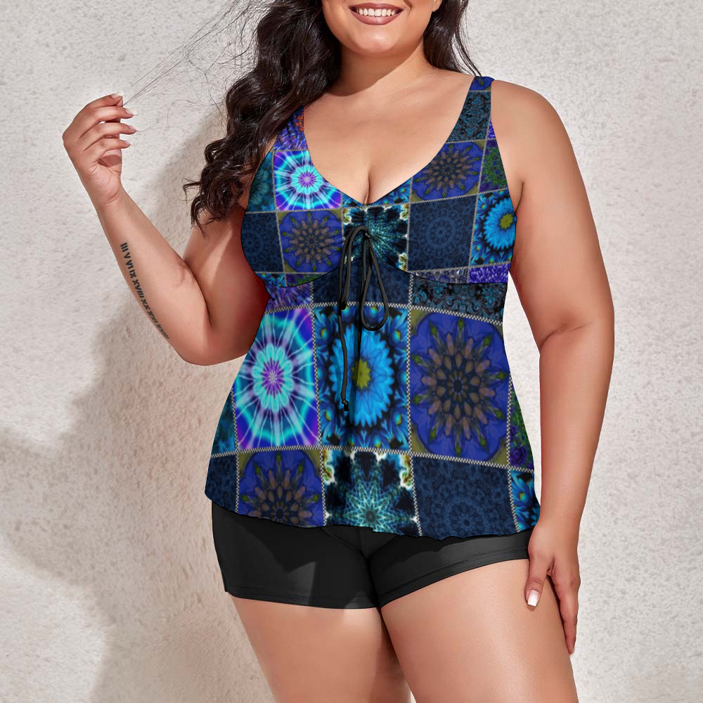 Blue Crazy Quilt Custom Women's Plus Size Two Piece Swimsuit Stylish Swimwear