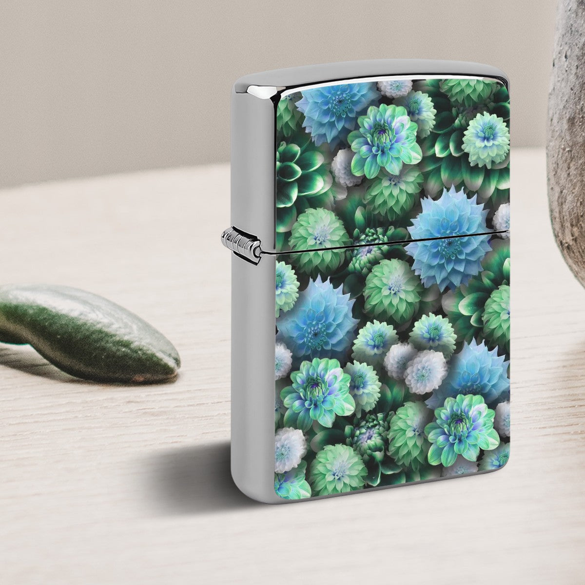 Metal Lighter Case Blue Green Dahlias