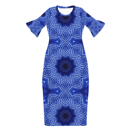 Blue and White Stripe Kaleidoscope Custom Lotus Leaf Short Sleeve Long Dress Women's Summer Fashion Dress