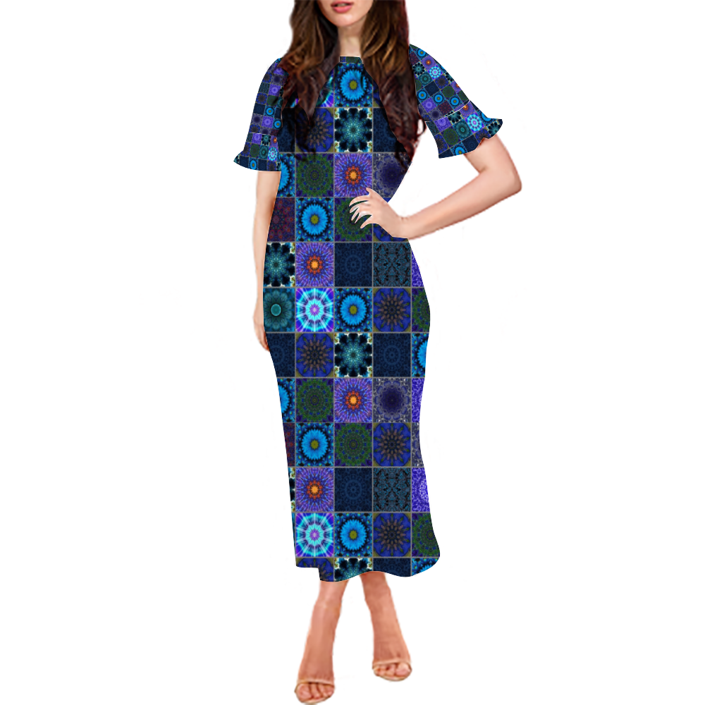 Blue Crazy Quilt Custom Lotus Leaf Short Sleeve Long Dress Women's Summer Fashion Dress