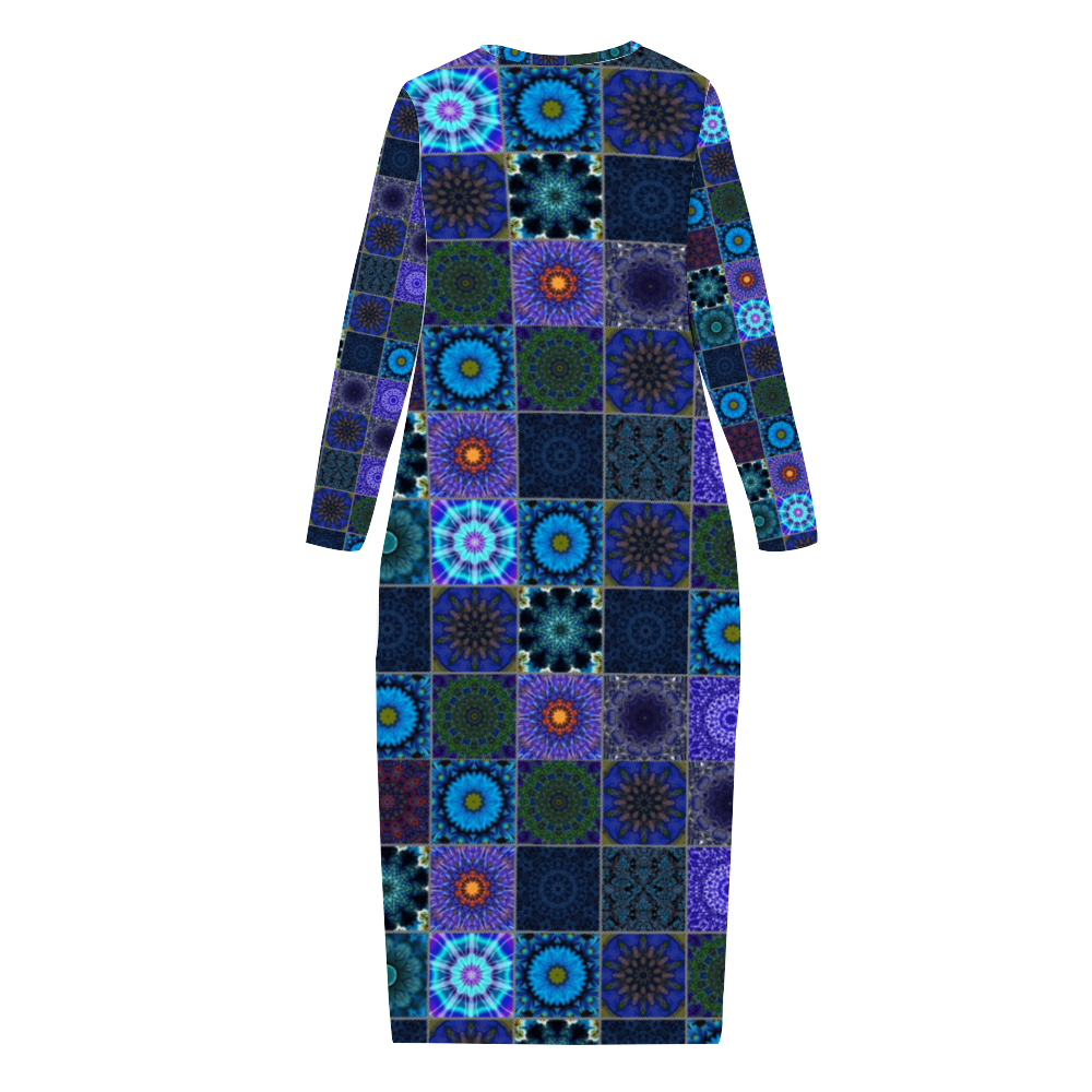 Blue Crazy Quilt Custom Women's Long Sleeve Dress Summer All Over Print Stylish Long Dress