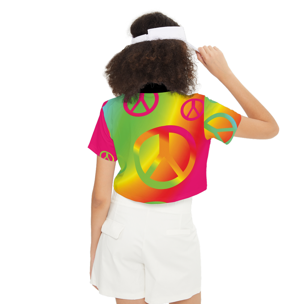 Rainbow Peace Signs Women's Short-Sleeve Crop Polo Shirt-Heavyweight 225g