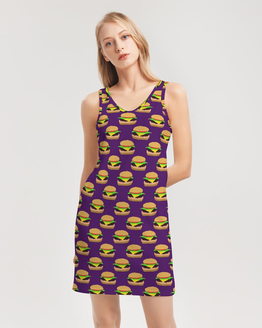 Cheeseburger Pattern Women's All-Over PrintRib Knit V Neck Mini Dress