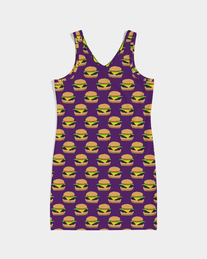 Cheeseburger Pattern Women's All-Over PrintRib Knit V Neck Mini Dress