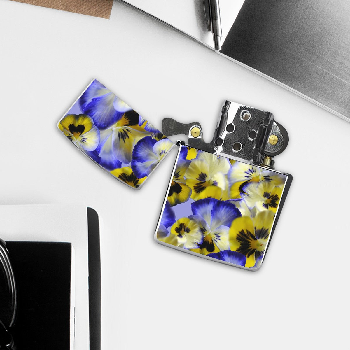 Metal Lighter Case Blue and Yellow Pansies