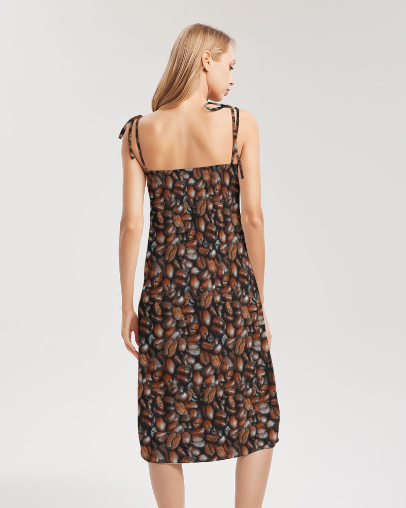 Coffee Bean Pattern Women's All-Over Print Tie Strap Split Dress