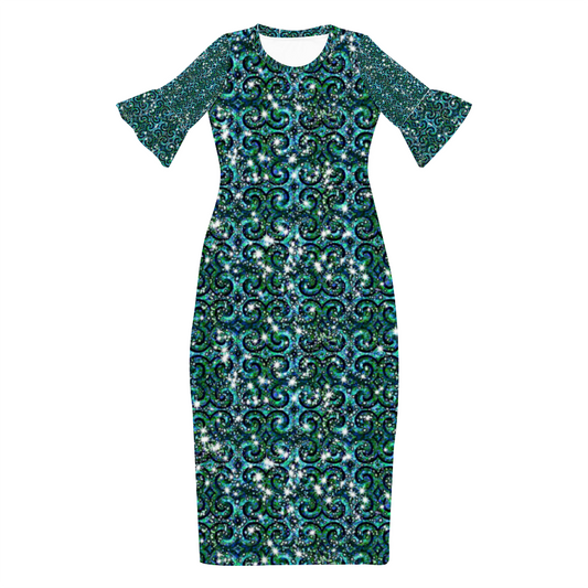 Blue Green Sparkle Swirl Custom Lotus Leaf Short Sleeve Long Dress Women's Summer Fashion Dress