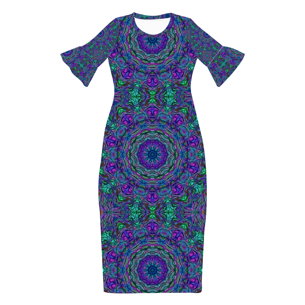 Blue Green Purple Kaleidoscope Custom Lotus Leaf Short Sleeve Long Dress Women's Summer Fashion Dress