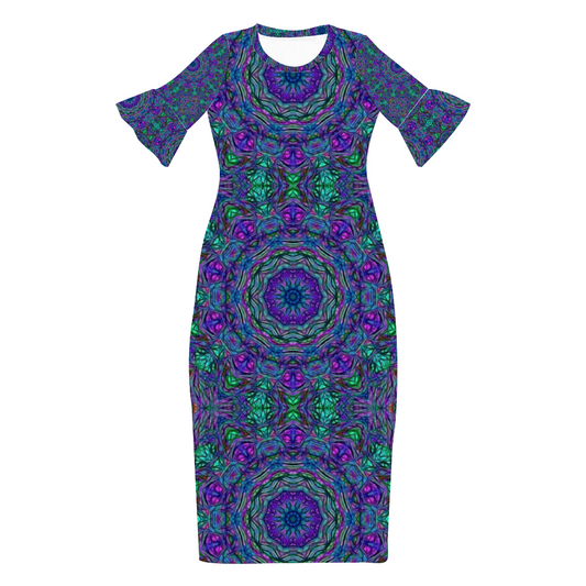 Blue Green Purple Kaleidoscope Custom Lotus Leaf Short Sleeve Long Dress Women's Summer Fashion Dress